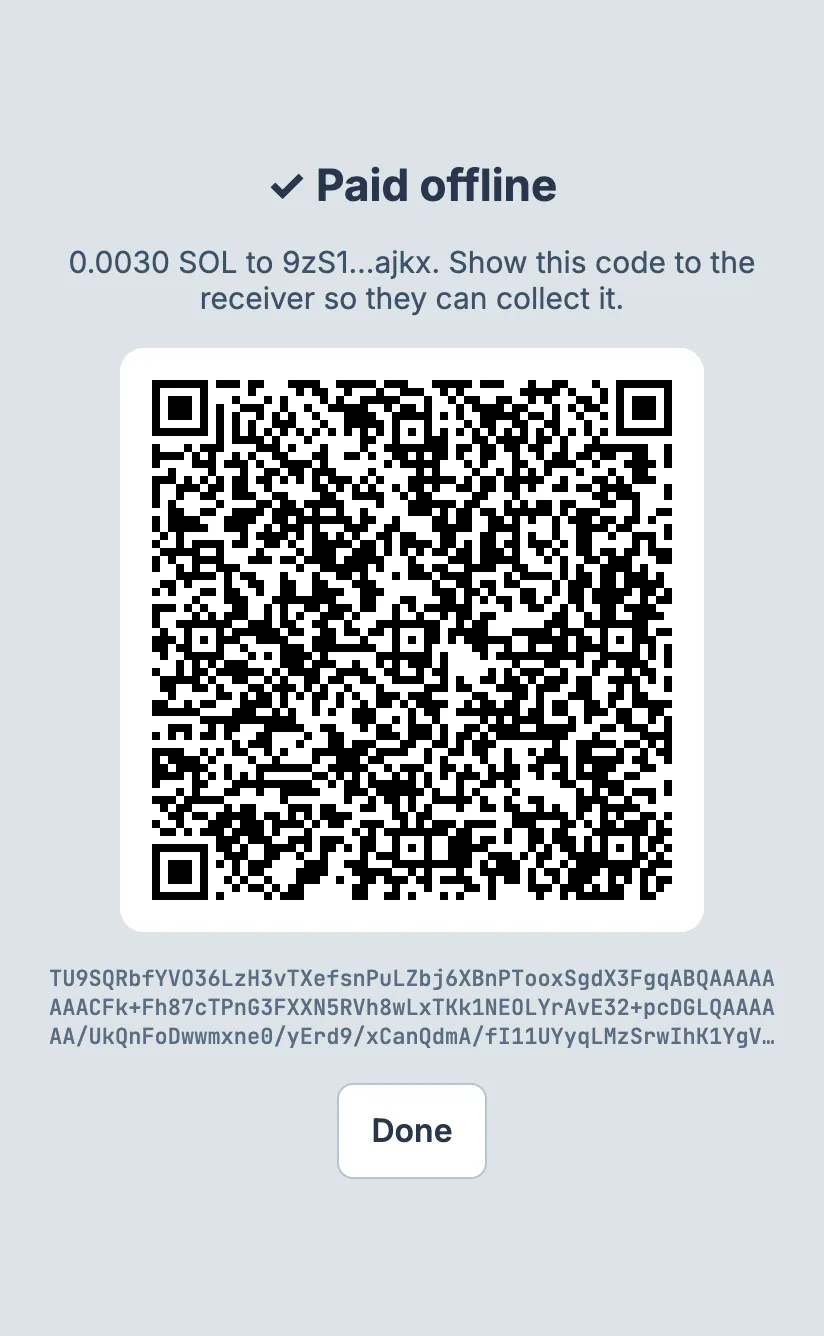 Mora app screen: Paid offline, 0.0030 SOL, showing the signed voucher as a QR code